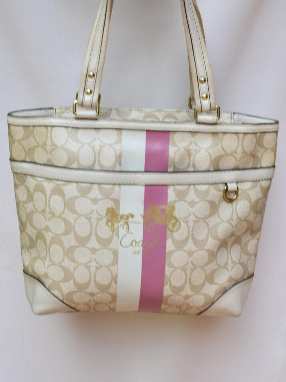 Coach Heritage Stripe Tote 13196 Khaki Pink Signature Canvas Y2K